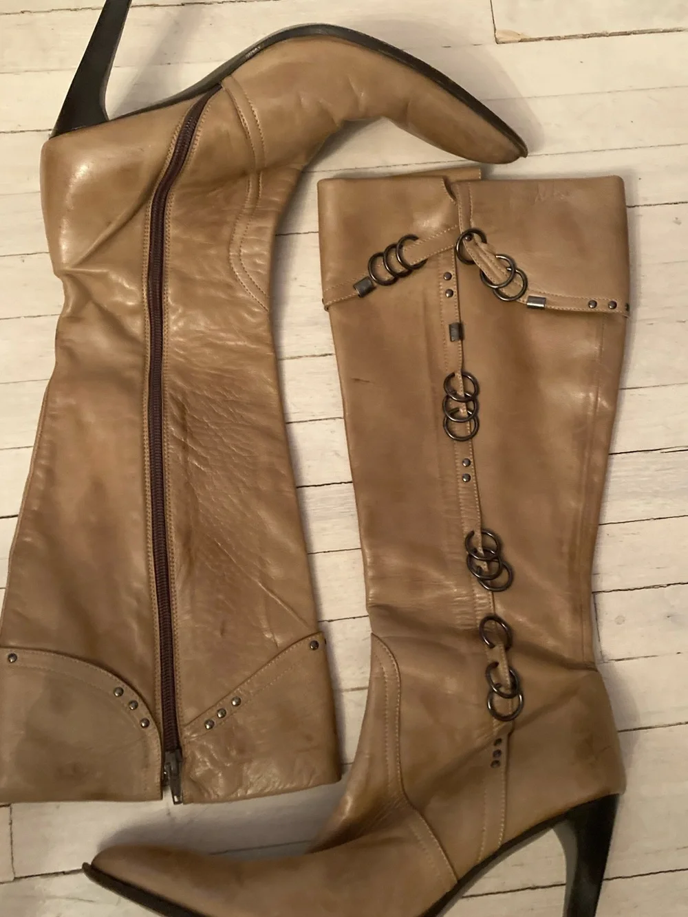 Women’s Tan Pointed-Toe Leather Boots Made in Spain - Picture 1 of 8